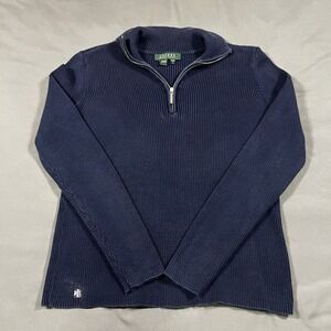 Lauren Ralph Lauren Women's Navy Blue Ribbed Small 1/4 Zip Long Sleeve Pullover